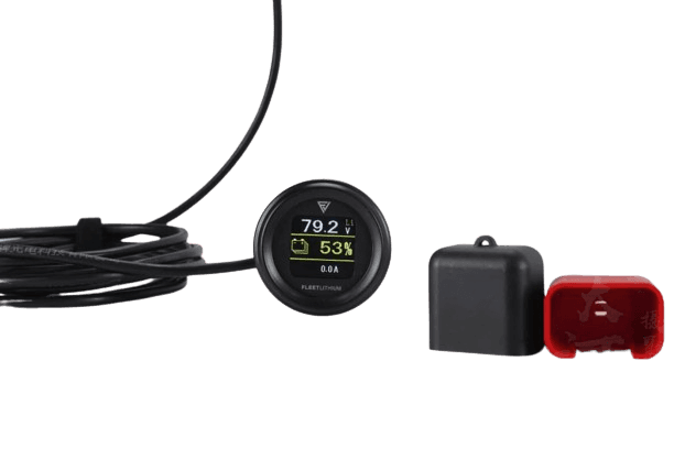 Fleet Lithium SOC Gauge — Battery State-of-Charge Meter showing 79.2V and 53% charge with the included 3-meter connection cable coiled next to the gauge and two terminal covers.