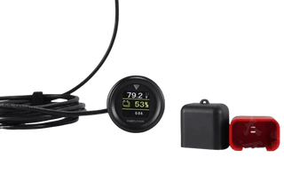 Fleet Lithium SOC Gauge — Battery State-of-Charge Meter showing 79.2V and 53% charge with the included 3-meter connection cable coiled next to the gauge and two terminal covers.