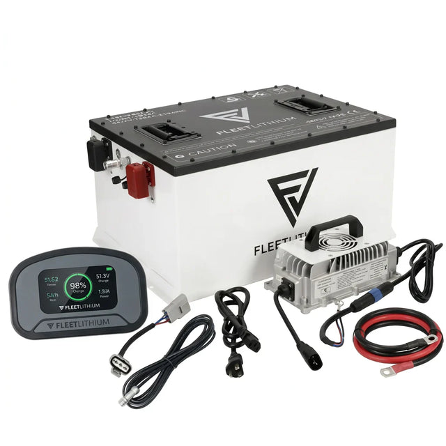 Fleet Lithium Advanced EV Advent 48V Lithium Battery Conversion Kit — Fleet Lithium showing one battery, a charger, a display, and cables.