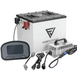Lithium battery pack, display, and charger with cables.