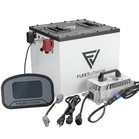 Lithium battery pack, display, and charger with cables.