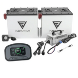Two lithium batteries, a charger, display, and cables for vehicle conversion.