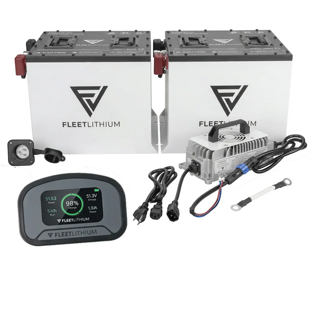 Two lithium batteries, a charger, display, and cables for vehicle conversion.