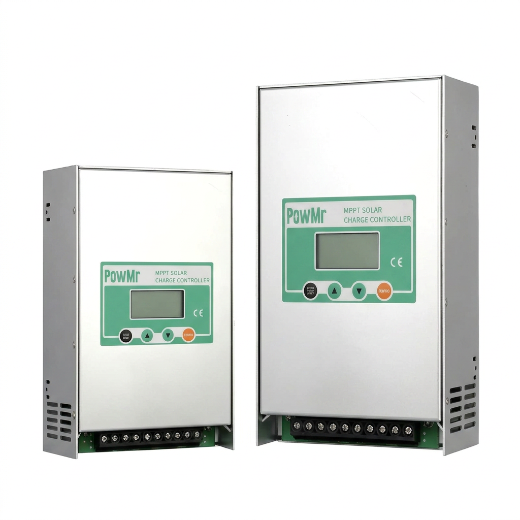Fleet Lithium - High Performance Lithium Batteries PowMr MPPT 80A/100A Solar Charge Controller Max PV 160V Auto 12V 24V 36V 48V for Lead Acid Lithium Battery Regulator Solar Home — Fleet Lithium PowMr MPPT 80A/100A Solar Charge Controller: silver metal casing, green display, buttons, and terminals.