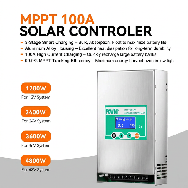Fleet Lithium - High Performance Lithium Batteries PowMr MPPT 80A/100A Solar Charge Controller Max PV 160V Auto 12V 24V 36V 48V for Lead Acid Lithium Battery Regulator Solar Home — Fleet Lithium PowMr MPPT 80A/100A Solar Charge Controller, brushed aluminum, digital display, terminals.