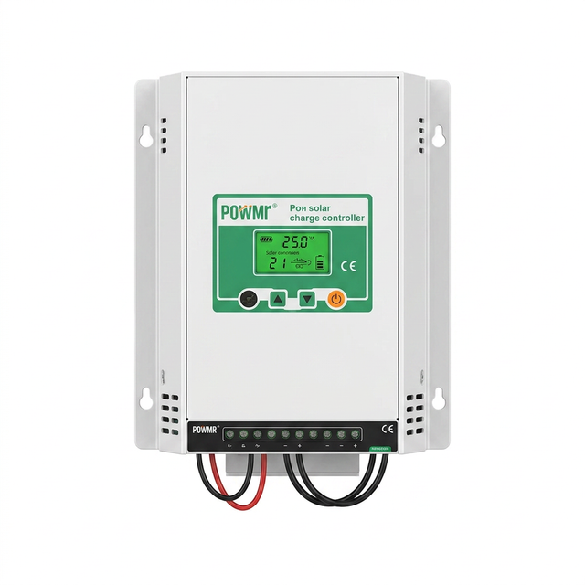 Fleet Lithium - High Performance Lithium Batteries PowMr MPPT 80A/100A Solar Charge Controller Max PV 160V Auto 12V 24V 36V 48V for Lead Acid Lithium Battery Regulator Solar Home — Fleet Lithium PowMr MPPT 80A/100A Solar Charge Controller white box with green display, PV 160V auto 12-48V regulator.