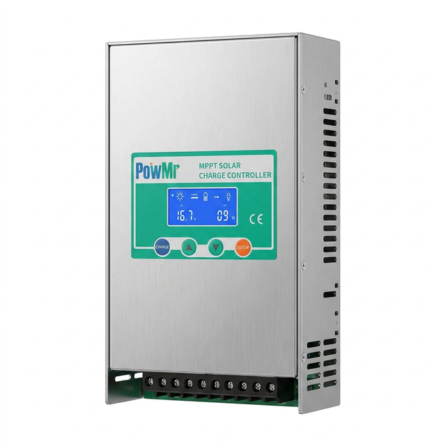 Fleet Lithium - High Performance Lithium Batteries PowMr MPPT 80A/100A Solar Charge Controller Max PV 160V Auto 12V 24V 36V 48V for Lead Acid Lithium Battery Regulator Solar Home — Fleet Lithium PowMr MPPT 80A/100A Solar Charge Controller with digital display, showing 16.7V PV input & 09W output.