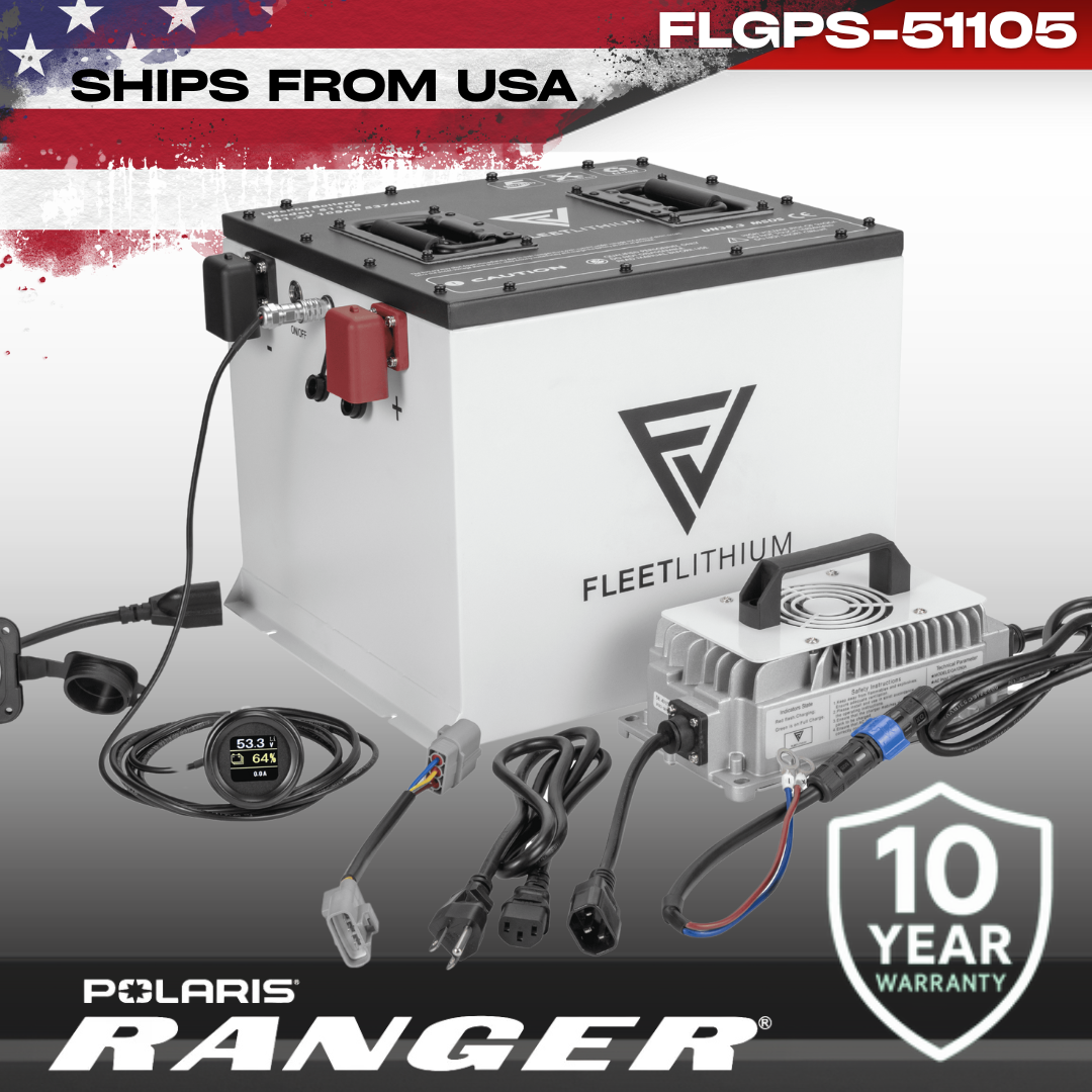 Fleet Lithium 51 Volt Battery Bundle for Polaris Ranger EV (2010–2024) with charger, cables, and display in the foreground. The battery has a black top with warning labels and a white body with the Fleet Lithium logo. There is a red terminal cover and a black terminal cover. In the background there is a partially obscured US flag graphic.