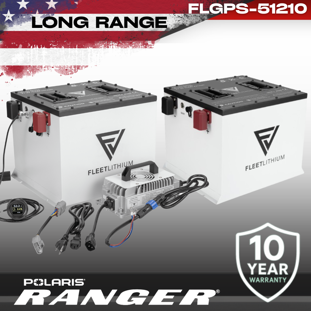 Fleet Lithium 51 Volt Battery Bundle for Polaris Ranger EV (2010–2024) showing two batteries, a charger, cables, and a display. The two batteries are identical, with black tops and white bodies, and the Fleet Lithium logo. In the background there is a partially obscured US flag graphic.