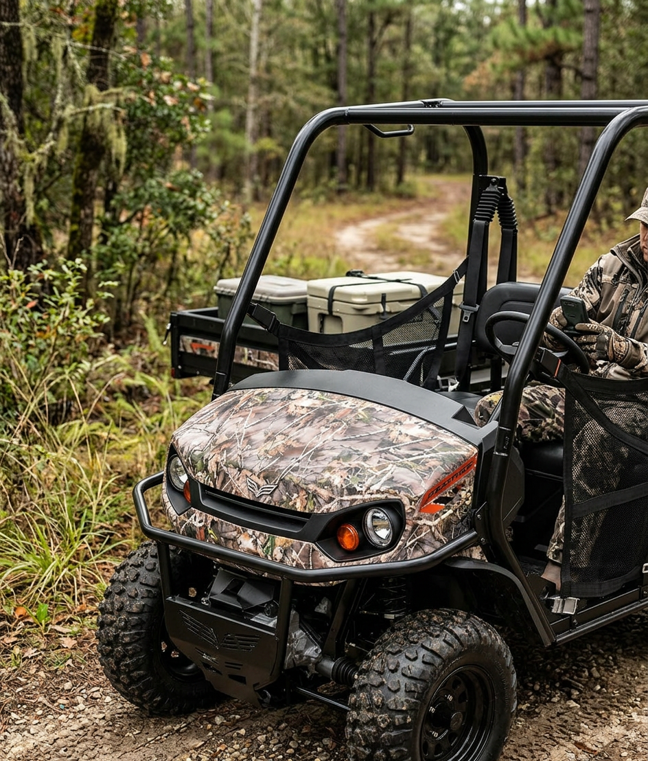 Camouflaged Textron Tracker Prowler EV (72V) in forested area, front view.