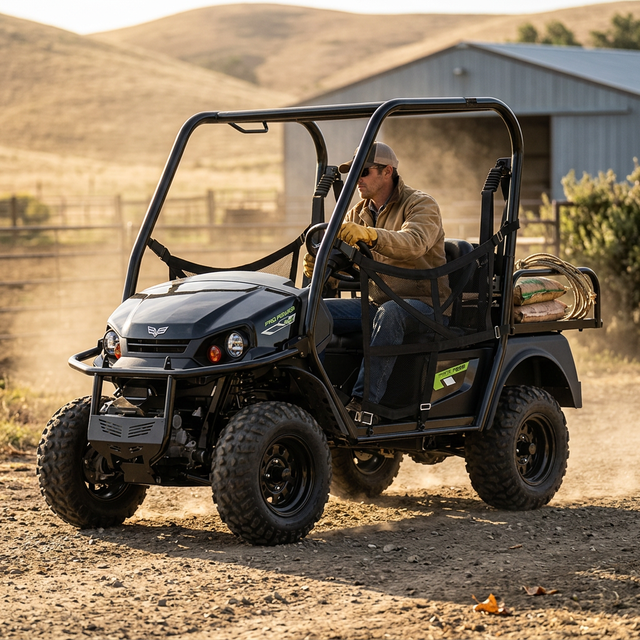 Black Textron / Tracker Prowler EV golf cart with rider, in yard.
